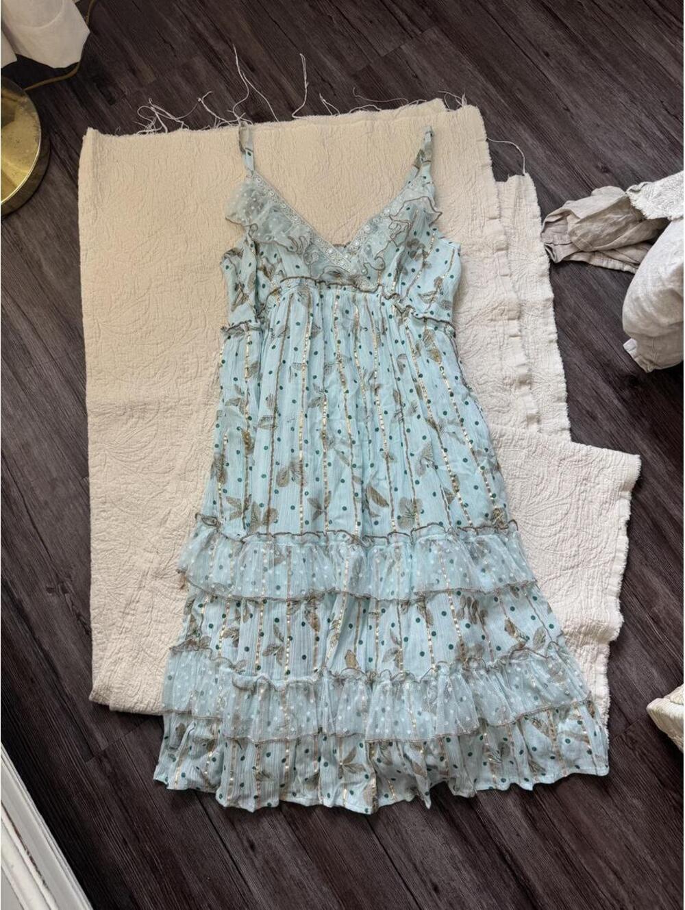 Ananta blue dress with gold and dot print, size L/XL